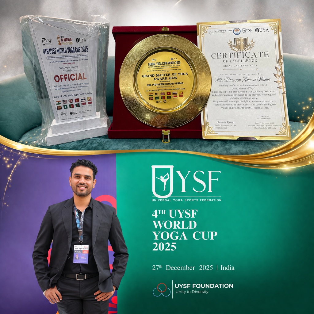 Master Praveen Kumar Verma receiving World Yoga Cup award